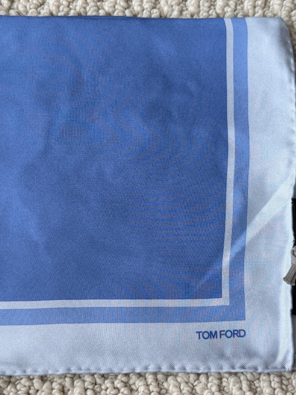 Tom Ford Sky Light Blue Solid Frame Border Logo Silk Suit Pocket Square